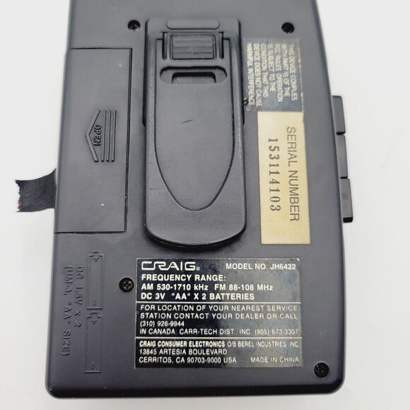 CRAIG JH6422 Personal Stereo Cassette Player Belt Clip SuperBass System VTG - Picture 16 of 16